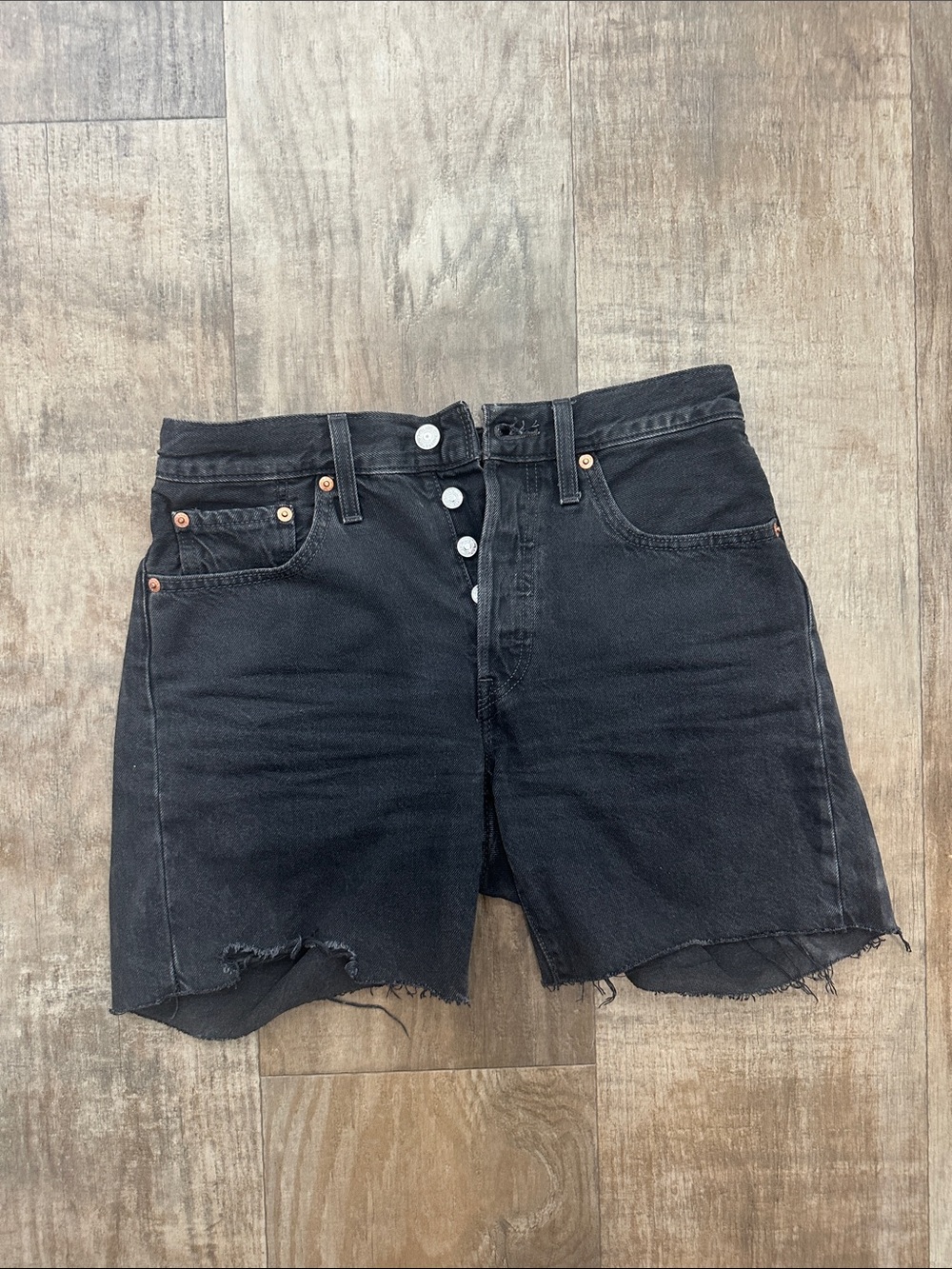Levi's Black Raw-Hem Button-Fly Denim Shorts